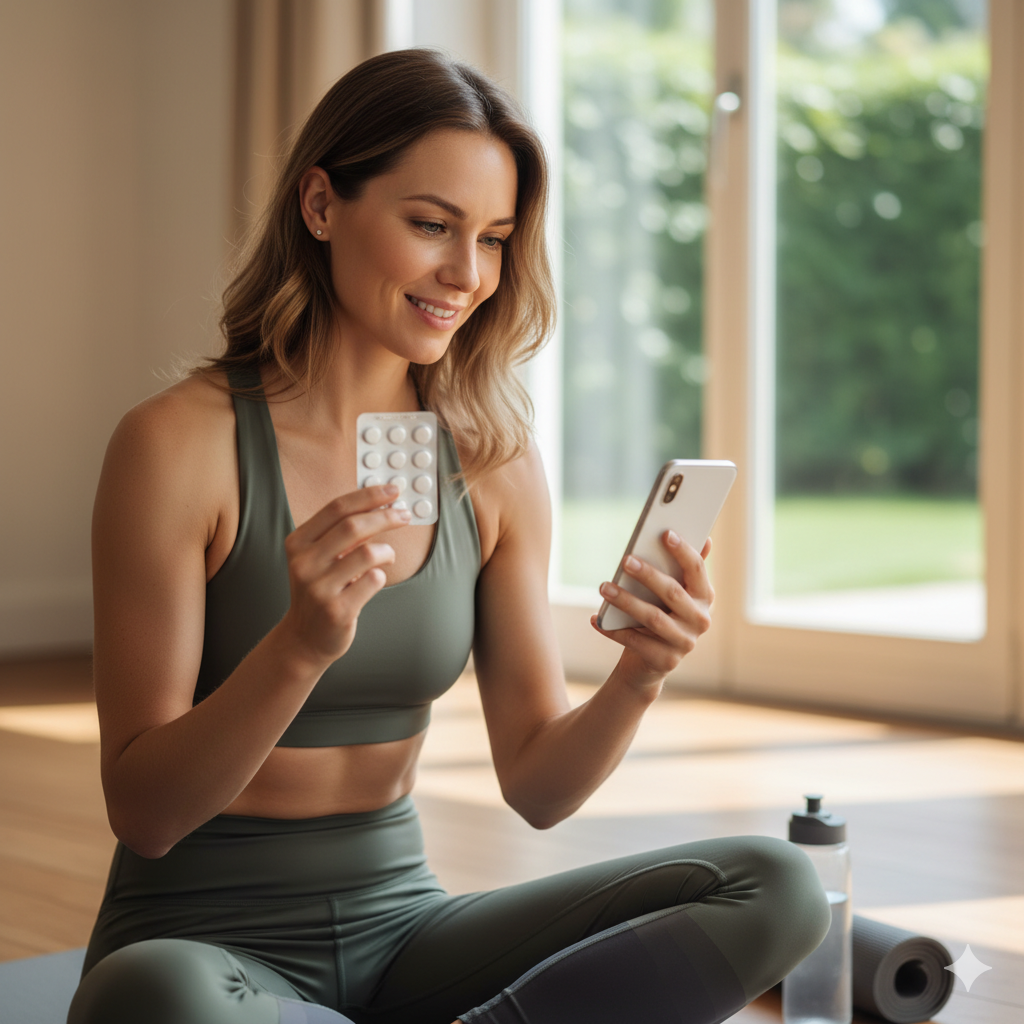 Mujer recibiendo anticonceptivos con teléfono móvil